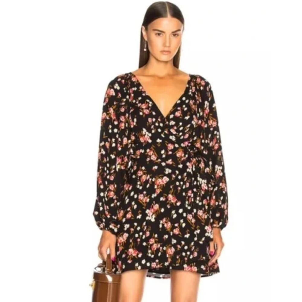 ALC Dress 6 Carlo Floral Silk Wrap Mini Long Sleeve Black Boho Party Coquette